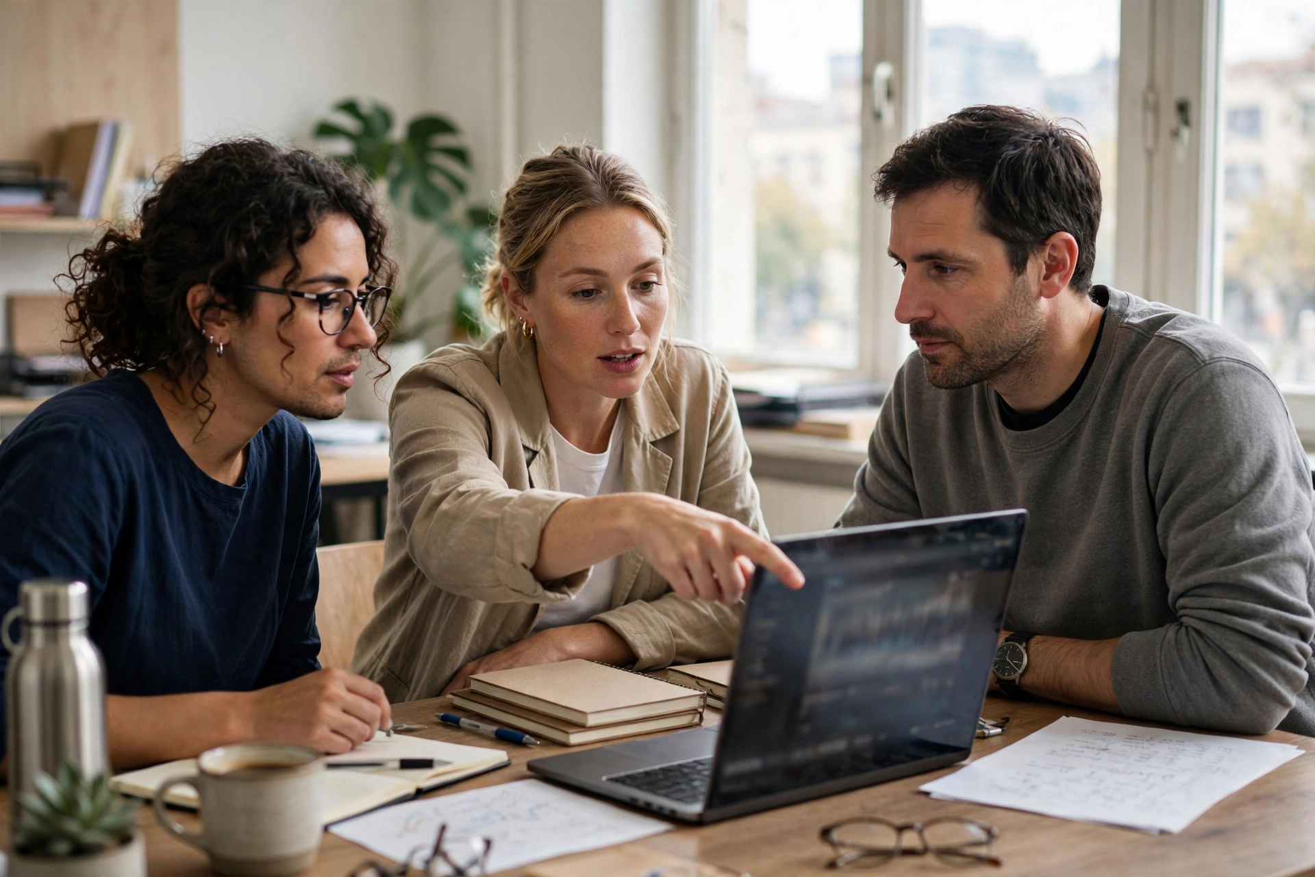 Team choosing AI marketing tools Small team of three discussing work around a laptop at a table
