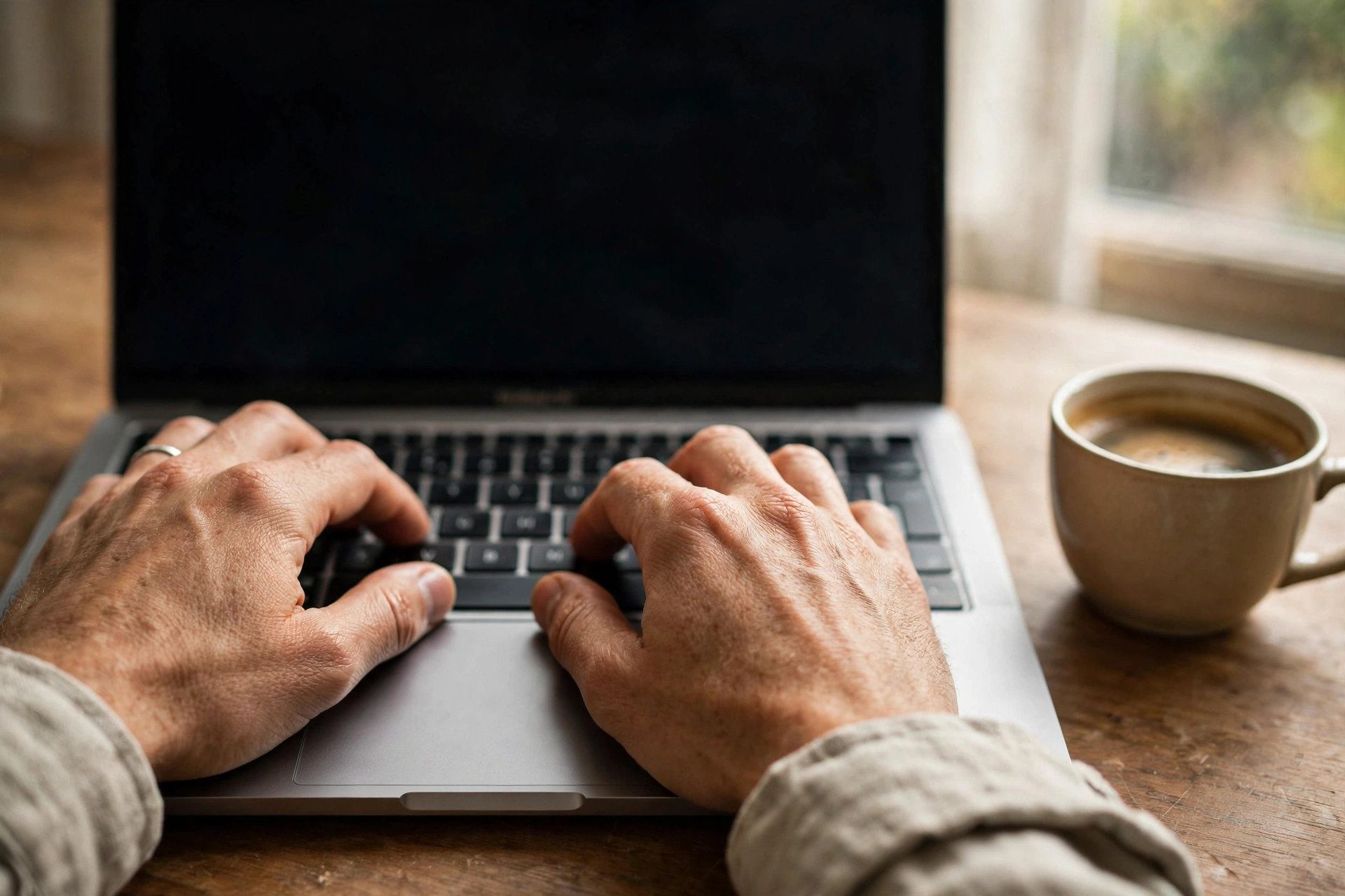 Drafting marketing email with AI Hands drafting a marketing email on a laptop beside coffee