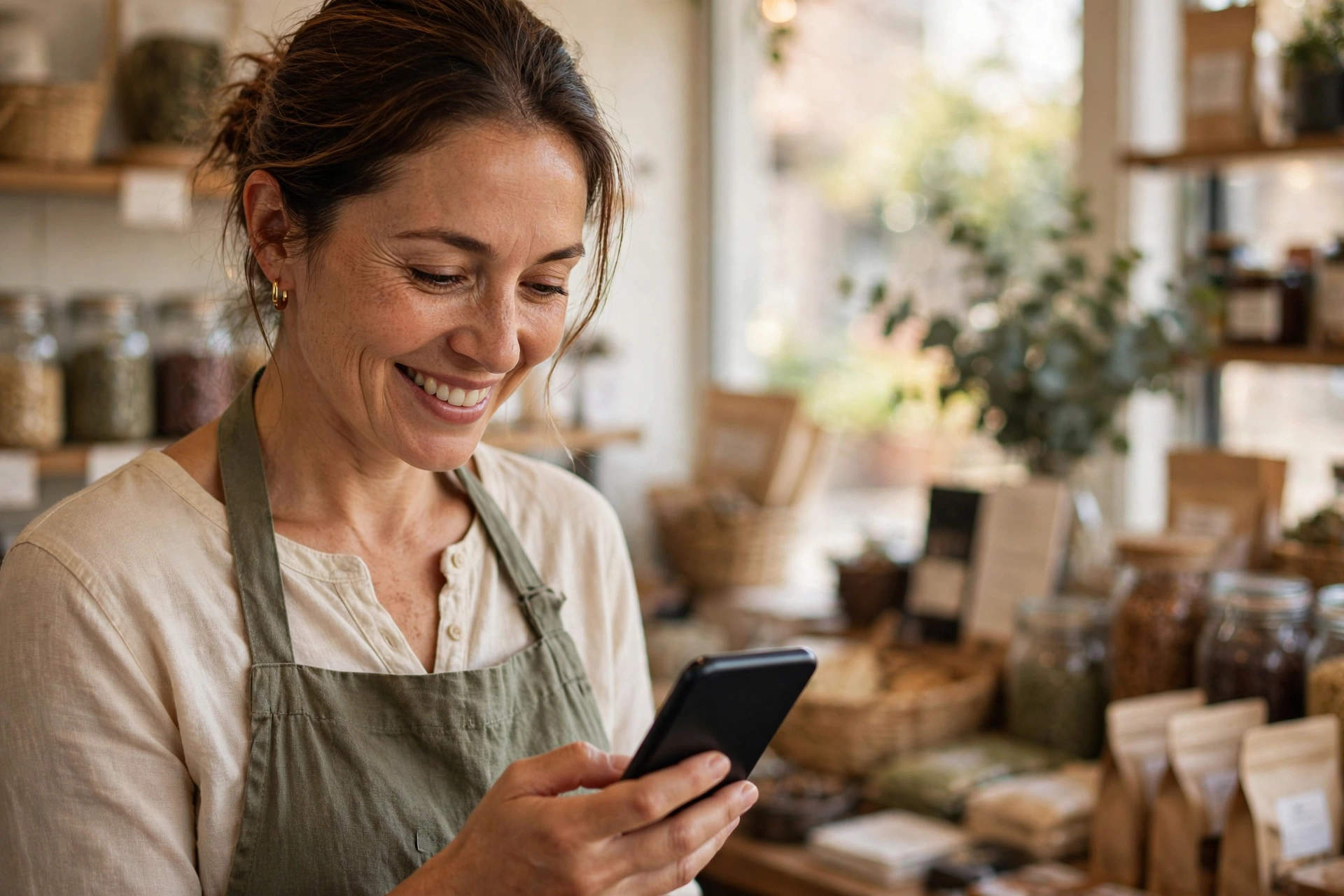 Small business owner reading email Small business owner reading a customer email on a phone
