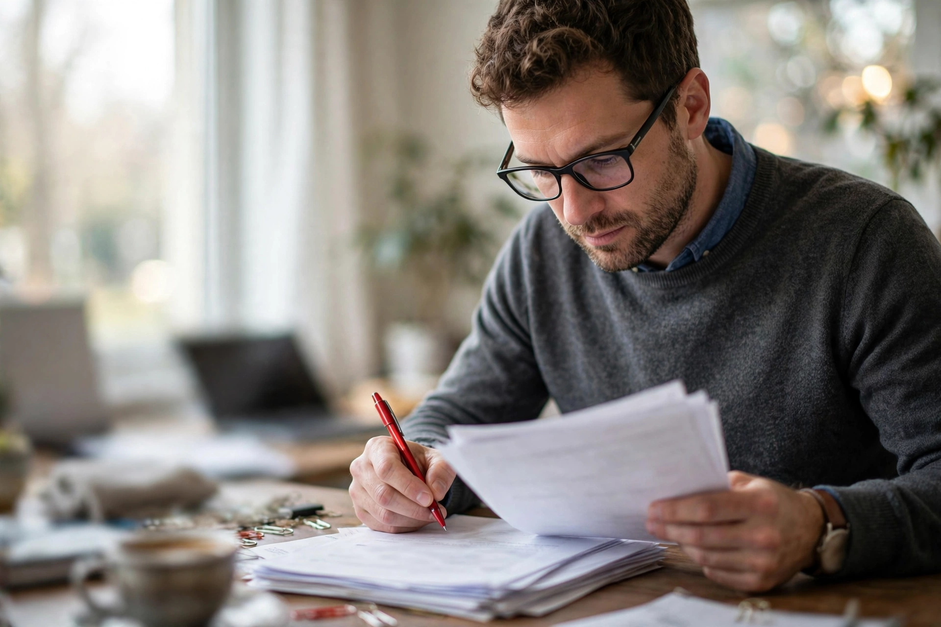 Reviewing AI email drafts Professional reviewing printed email drafts with a pen