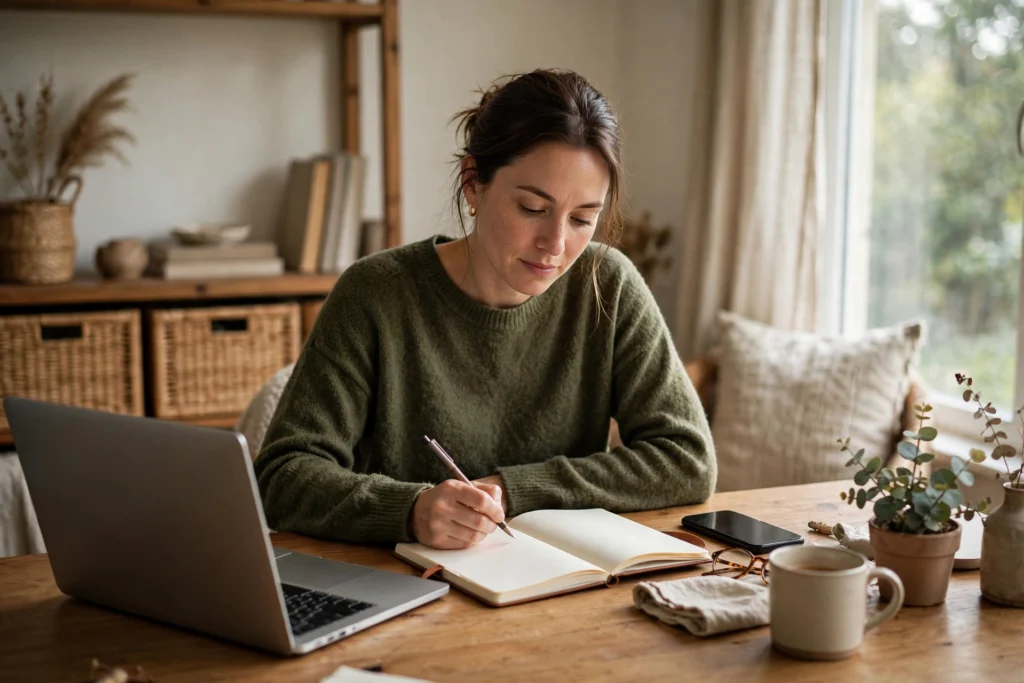 Small business owner planning content at a wooden desk with laptop and notebook in morning light