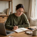 Small business owner planning content at a wooden desk with laptop and notebook in morning light