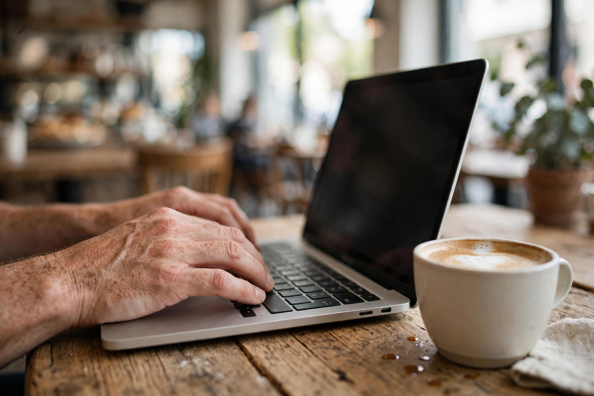 Writing LinkedIn posts Hands typing on a laptop beside a coffee cup in a bright cafe