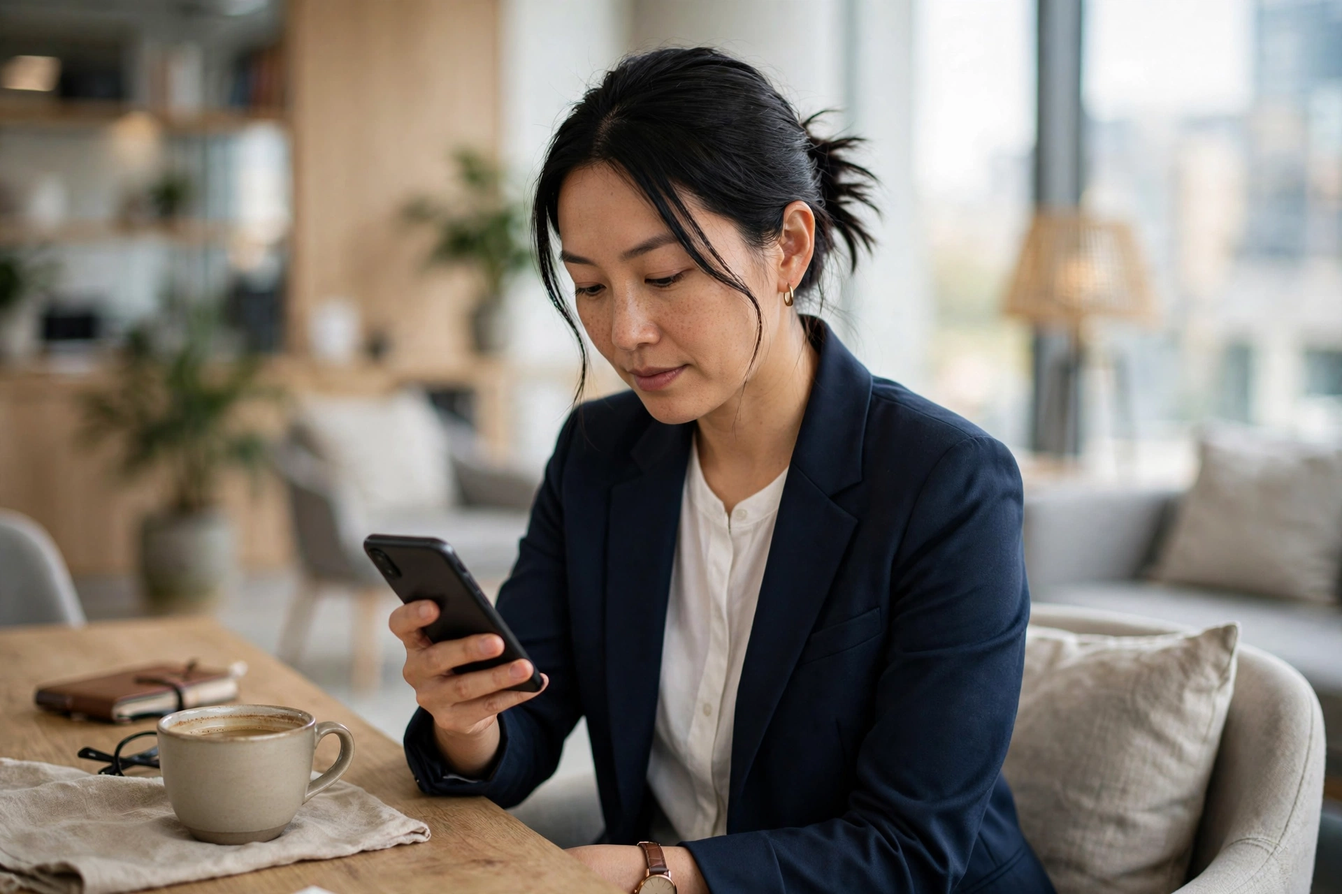 LinkedIn engagement routine Professional reading a phone with coffee in a bright office lounge