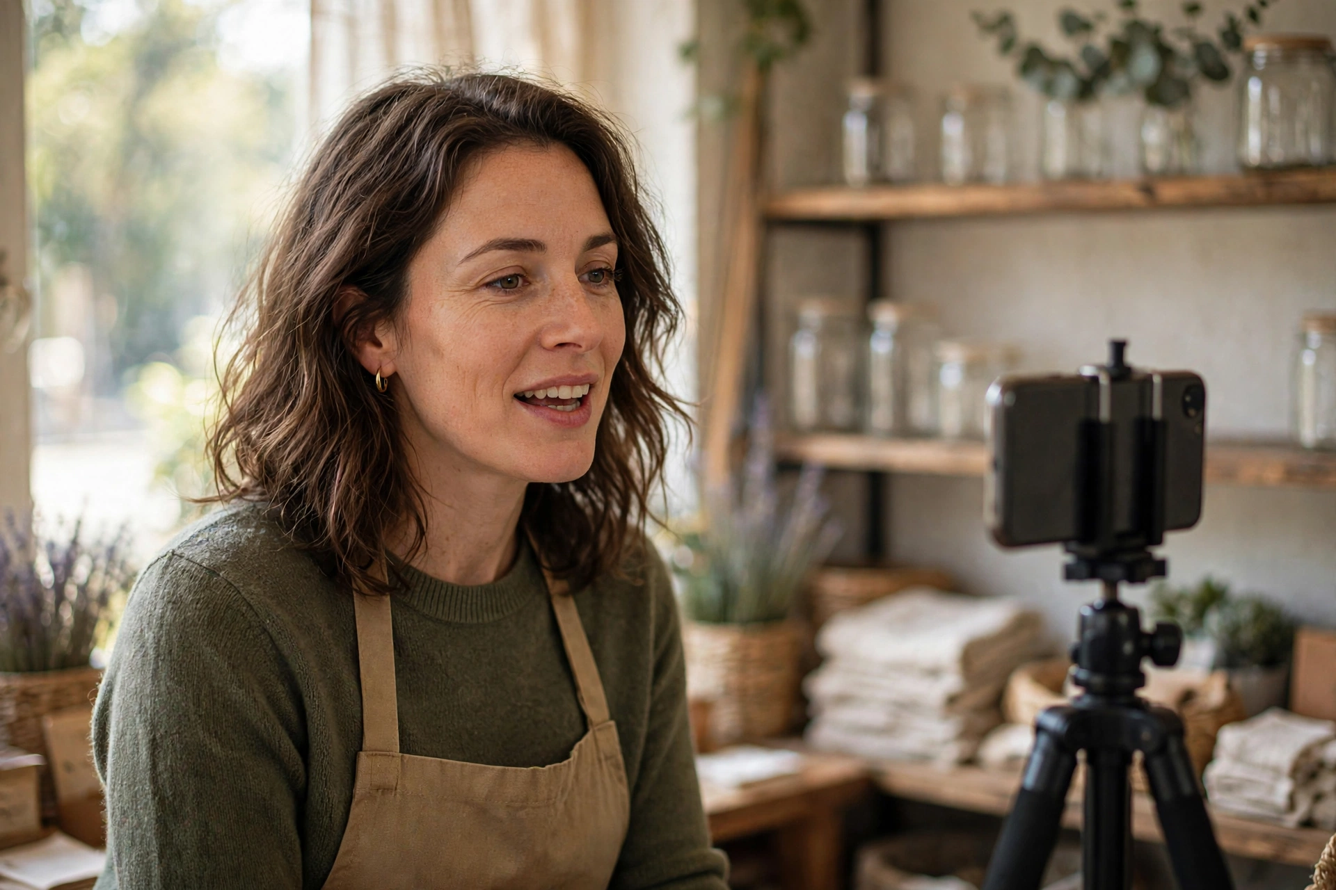 Recording a short video Small business owner recording a short video on a tripod-mounted phone in a shop