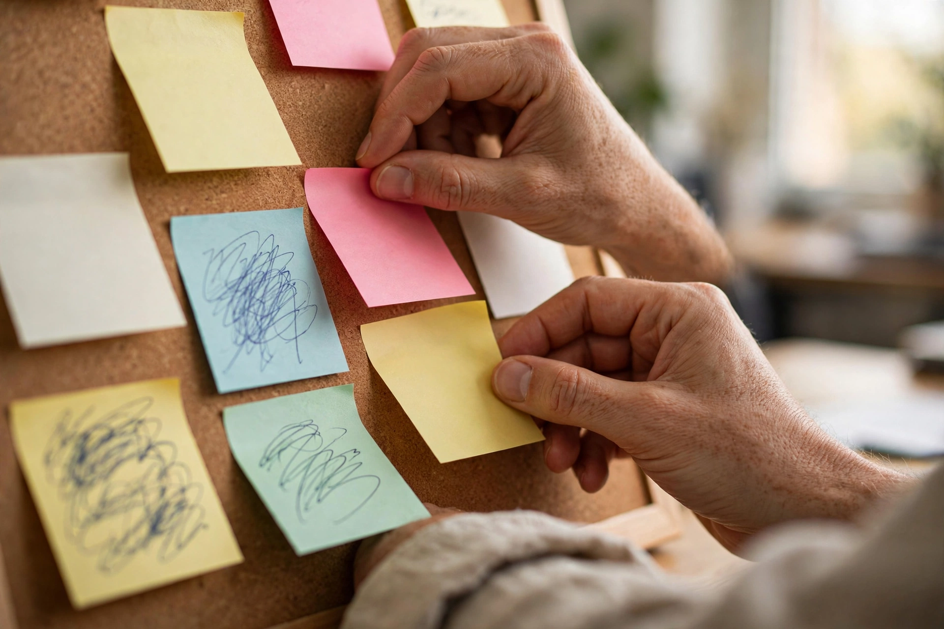 Brainstorming content ideas Hands arranging sticky notes with content ideas on a planning board