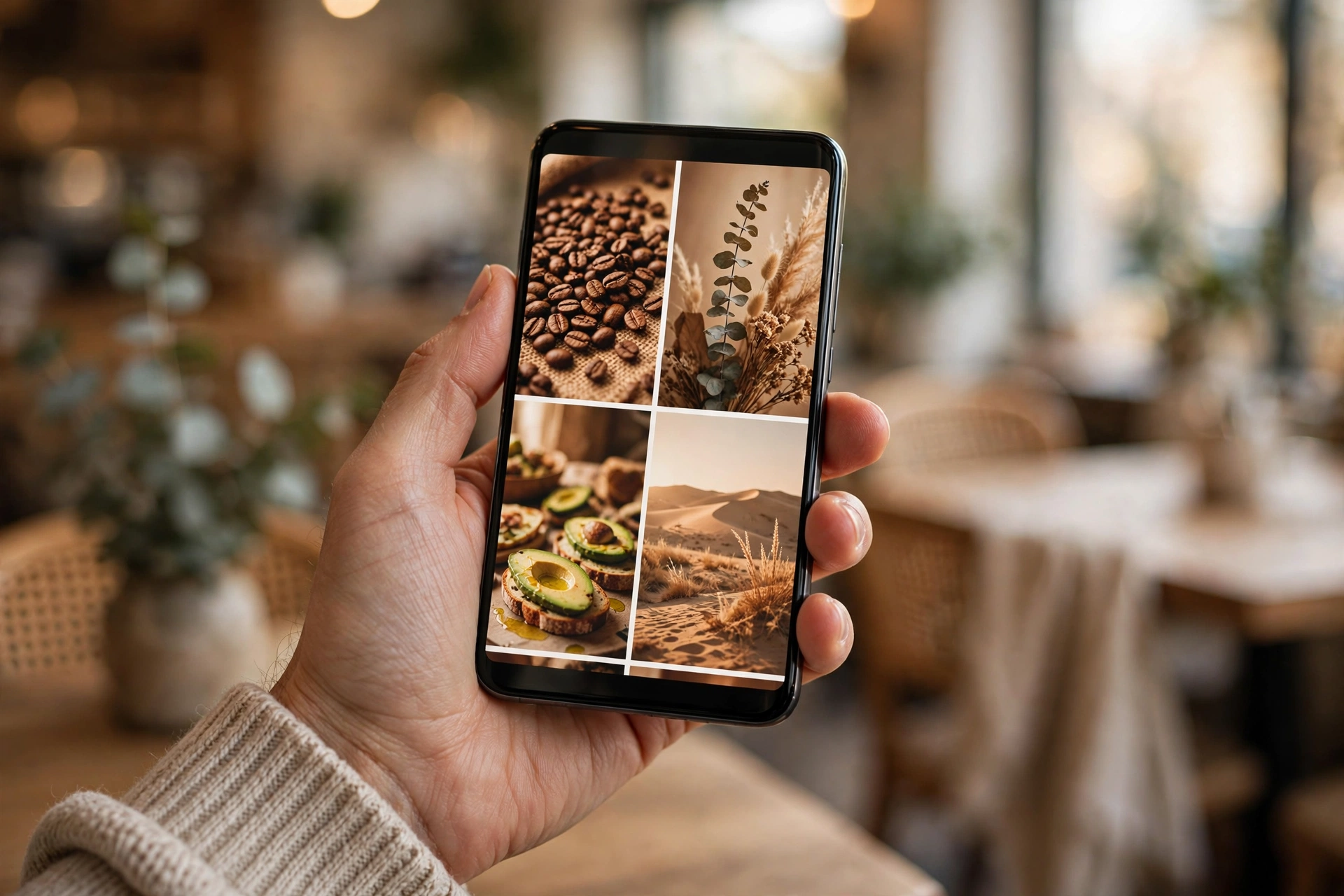A consistent profile grid builds brand recognition Hand holding a phone showing a cohesive branded photo grid