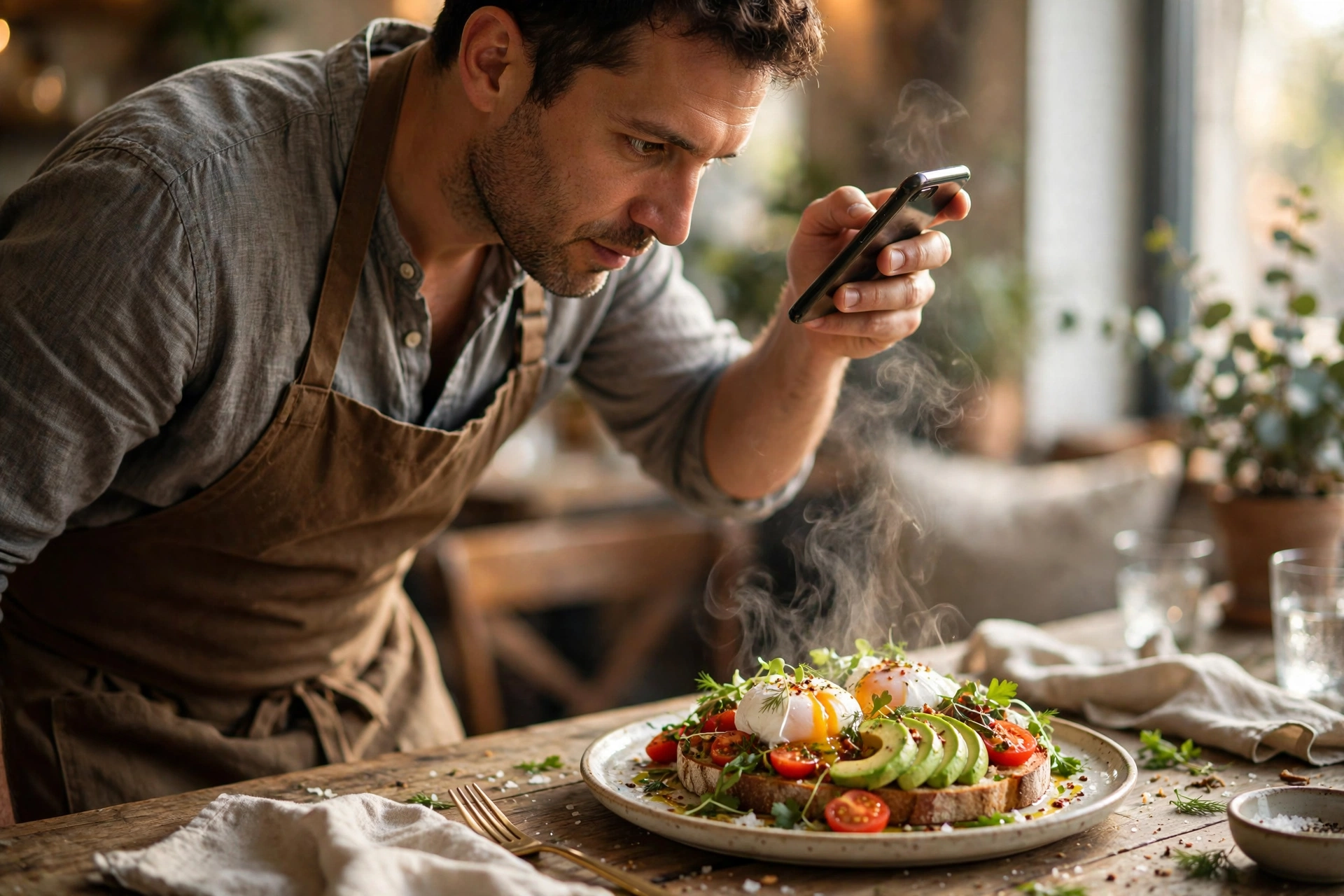 Real phone photography beats stock images for restaurants Restaurant owner photographing a plated dish in morning light with a smartphone
