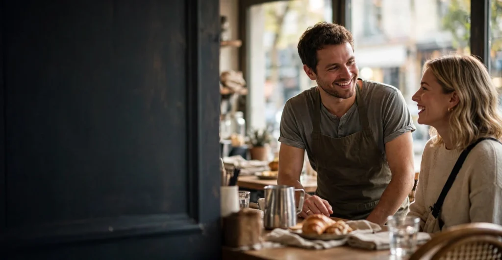 Service-first mindset guide cover, small business owner warmly greeting a customer in a cozy cafe