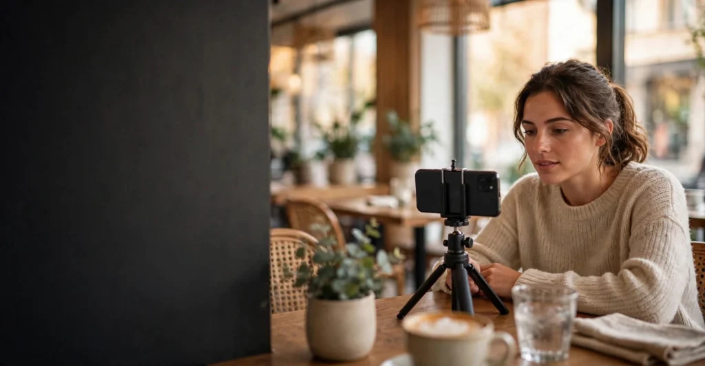 Short-form video strategy cover, creator filming video on a phone tripod in a cafe