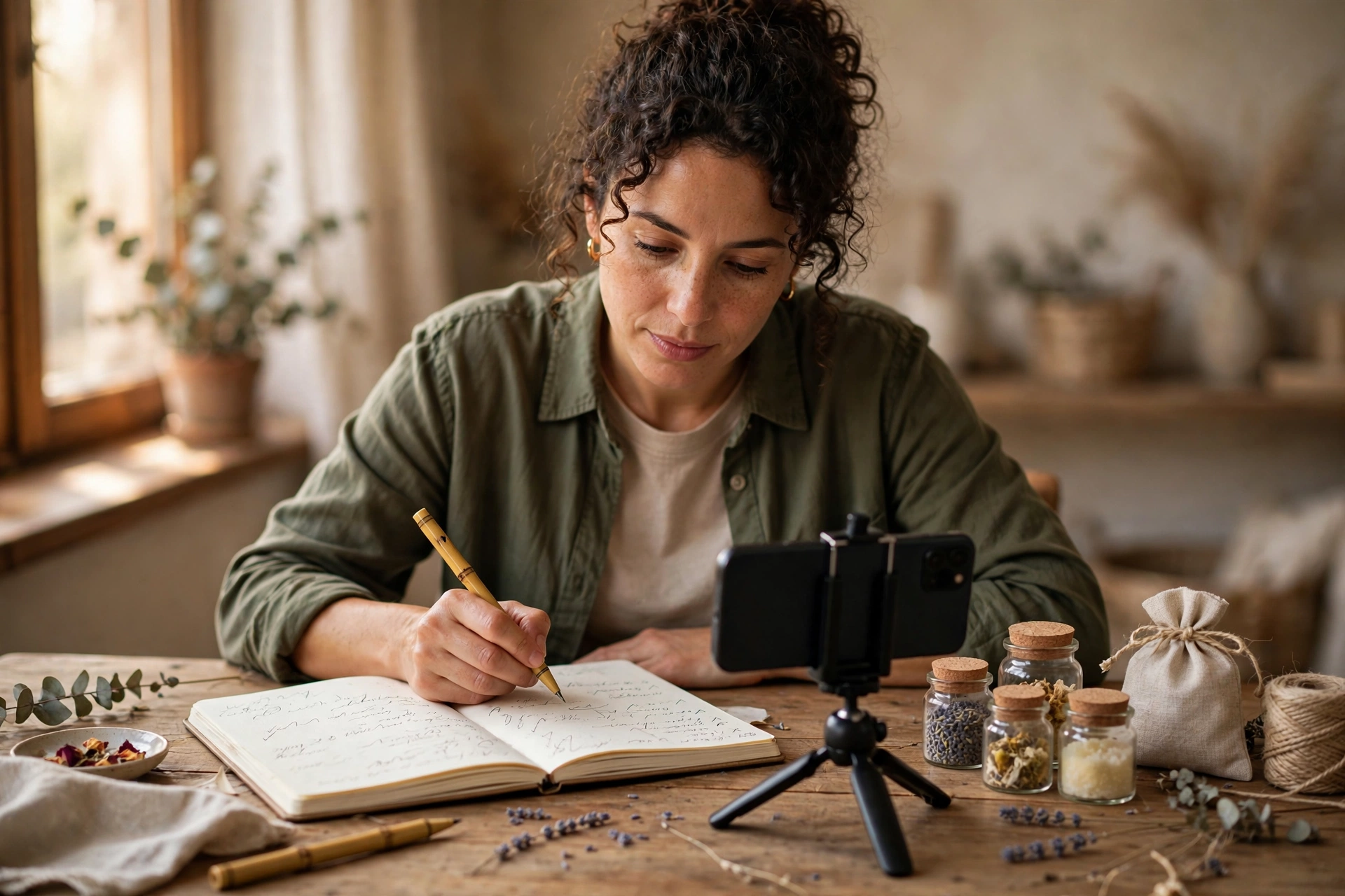 Batch filming keeps short-form video consistent Small business owner planning video content with a notebook and phone tripod
