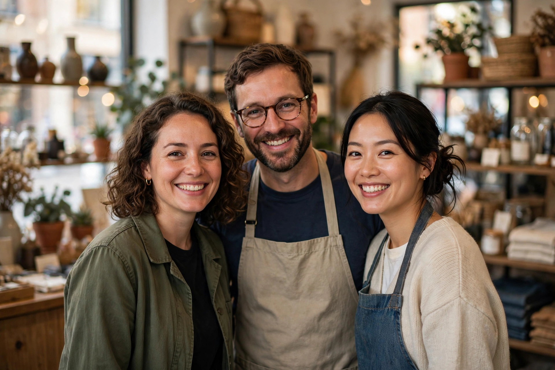 Faces outperform product-only shots on social media Small business team smiling together inside their retail shop