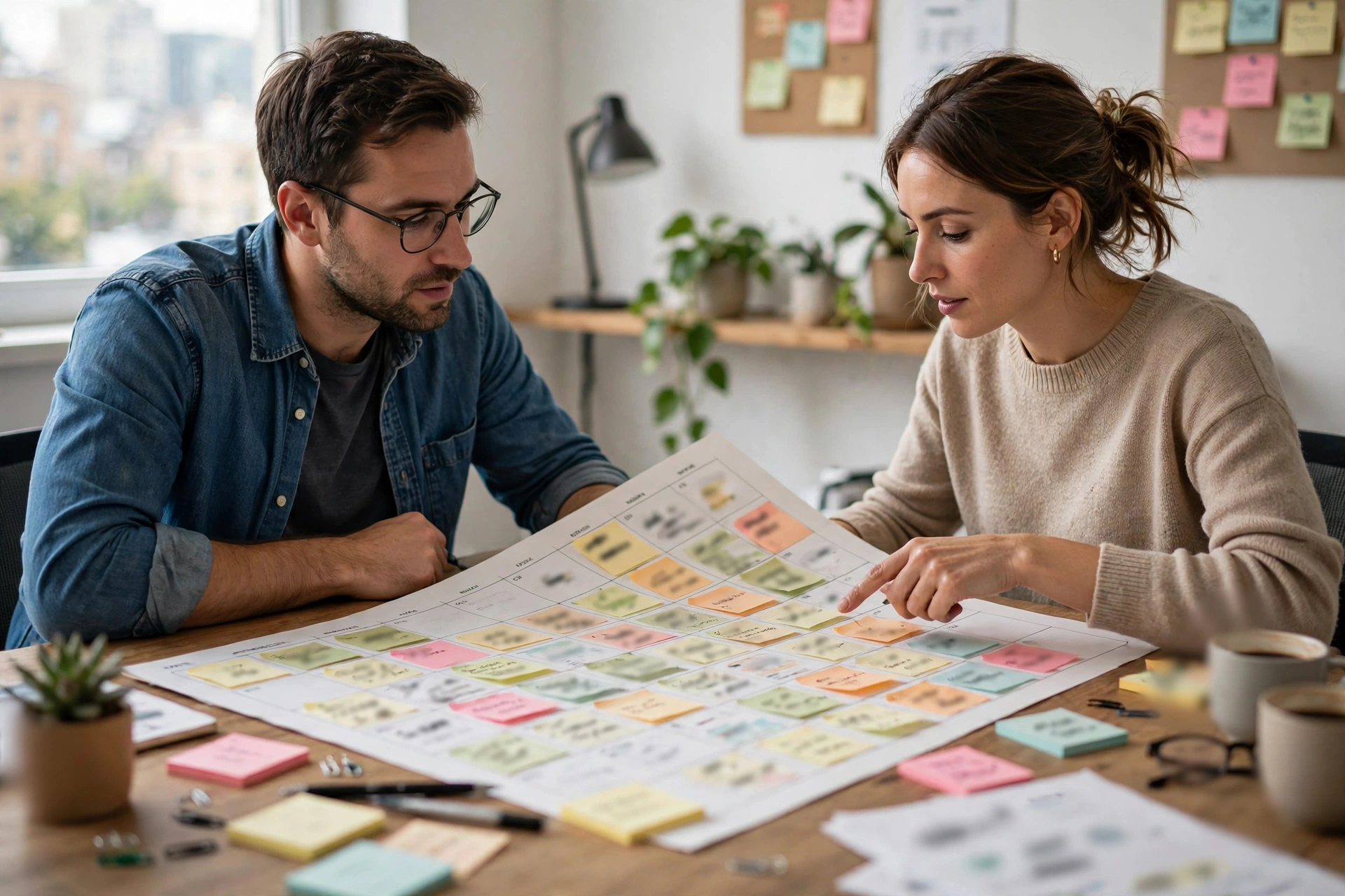 A small team running a repeatable planning system Two colleagues planning around a table with a paper content calendar and sticky notes in a bright office