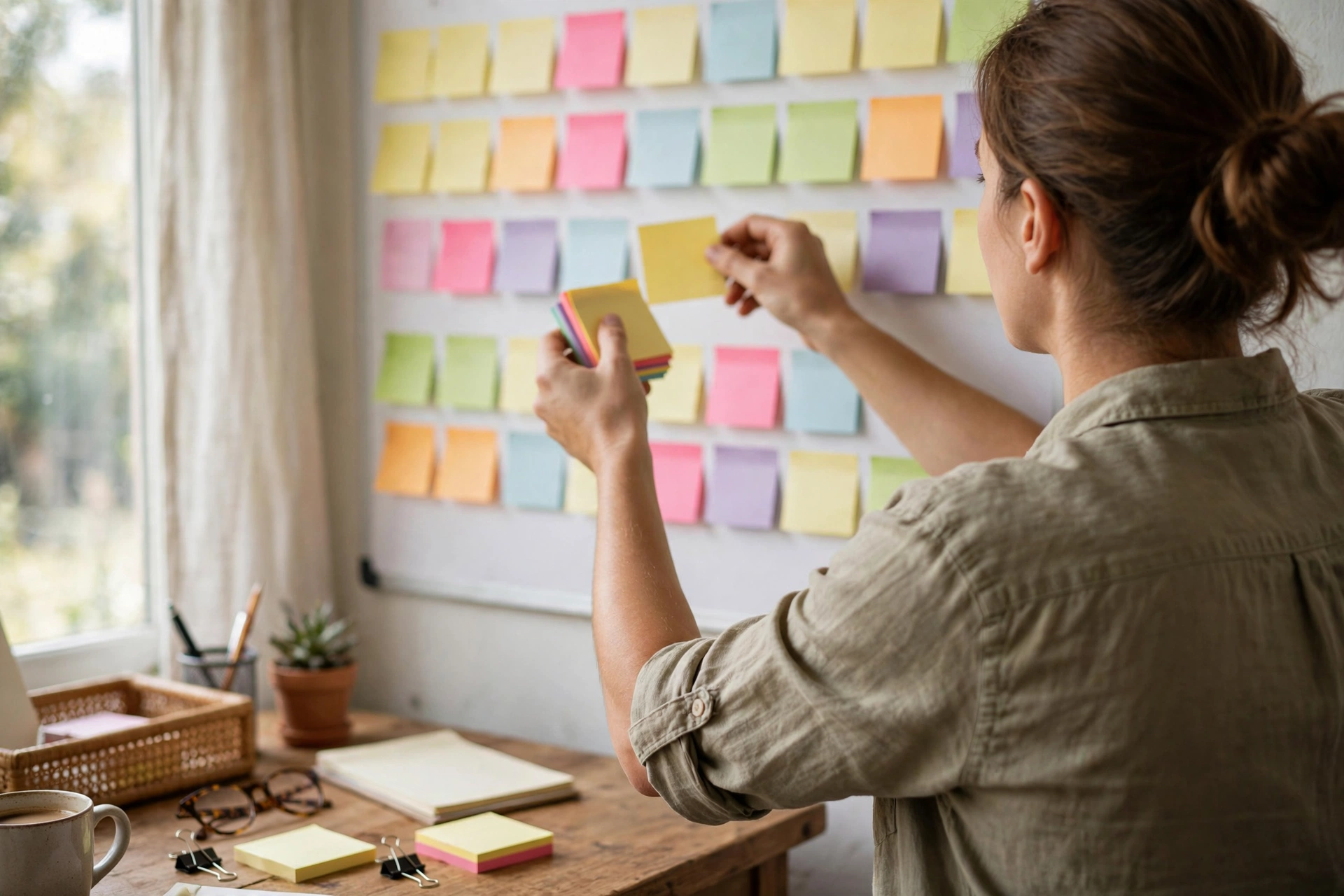 Brainstorming content ideas Small business owner placing sticky notes on a content planning board in natural window light