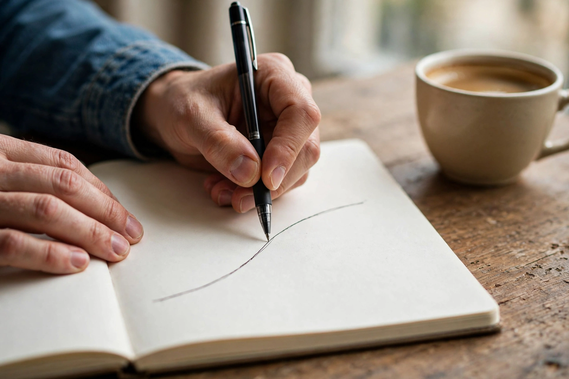 Story arc sketch Hands sketching a story arc in a notebook on a wooden desk