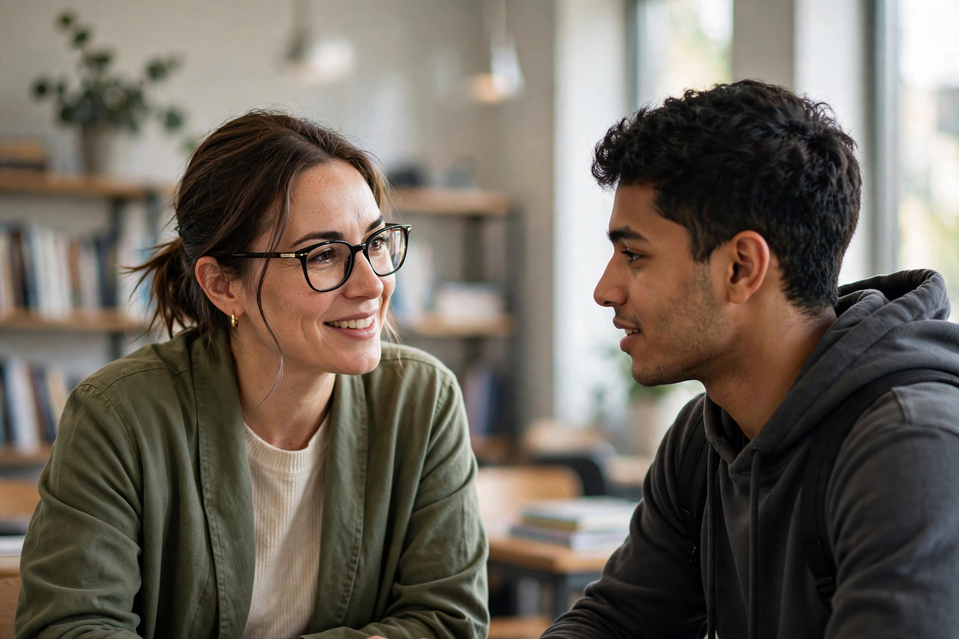Students ask the questions clients are afraid to ask A teacher in a friendly one-on-one discussion with a student after class