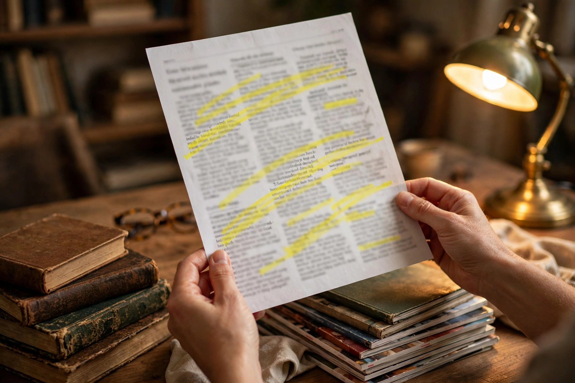 Hands holding a printed article with a highlighter, beside a stack of books and magazines on a desk