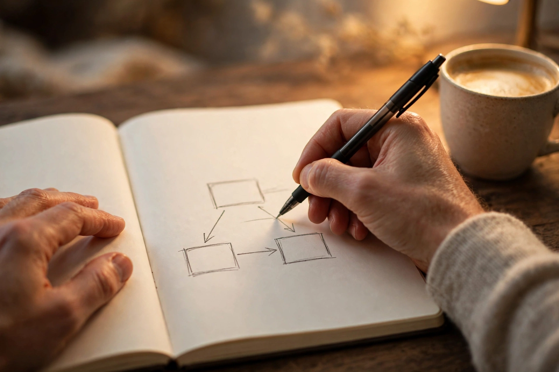 Sketching a marketing framework by hand Hands sketching a marketing framework diagram with boxes and arrows in a notebook