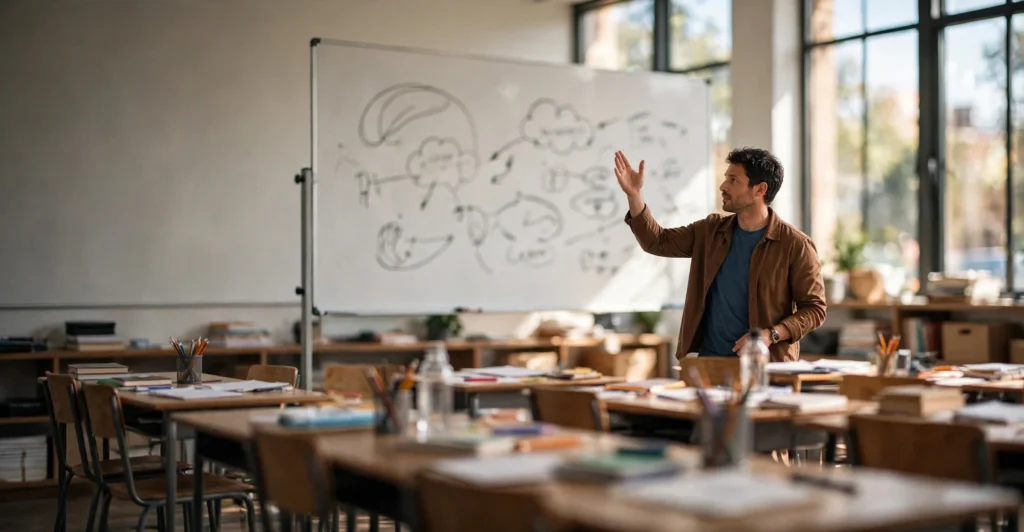 The faculty advantage: a teacher presenting marketing concepts in a bright classroom