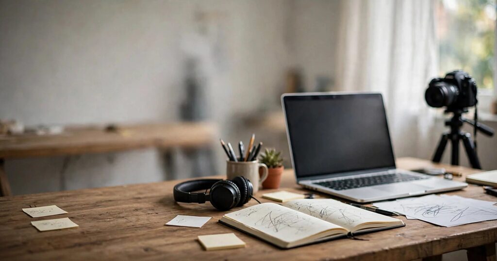 Multi-modal marketing engine guide cover, creator filming video with script notes in a bright studio
