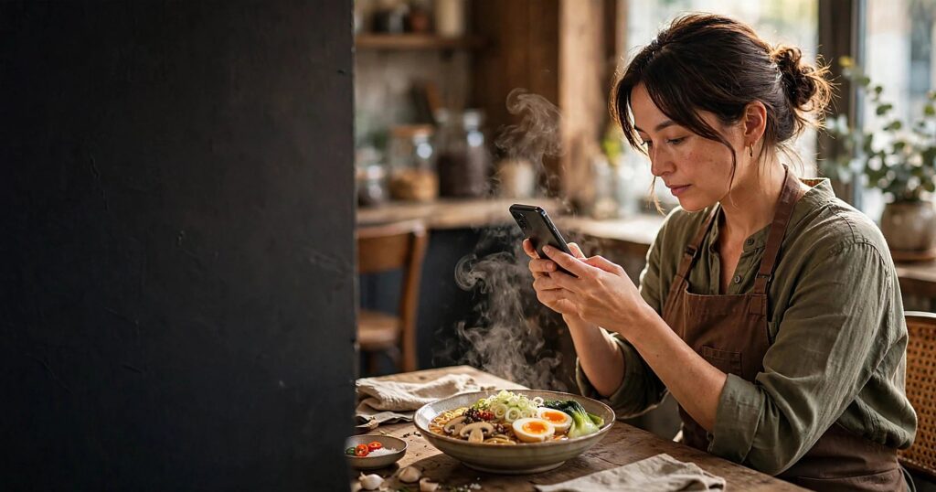 Visual content marketing cover, small business owner photographing a dish with her phone
