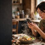 Visual content marketing cover, small business owner photographing a dish with her phone