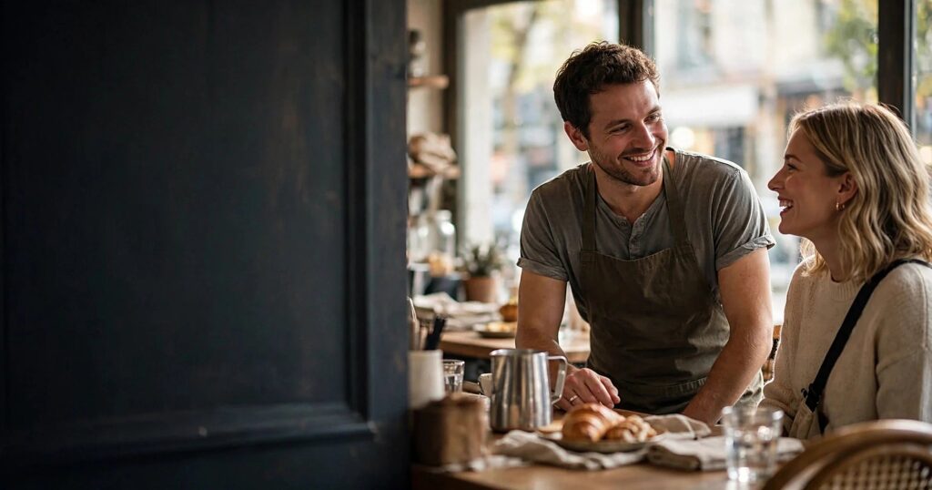 Service-first mindset guide cover, small business owner warmly greeting a customer in a cozy cafe