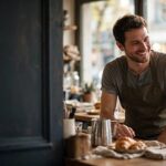 Service-first mindset guide cover, small business owner warmly greeting a customer in a cozy cafe