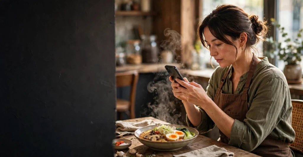 Visual content marketing cover, small business owner photographing a dish with her phone