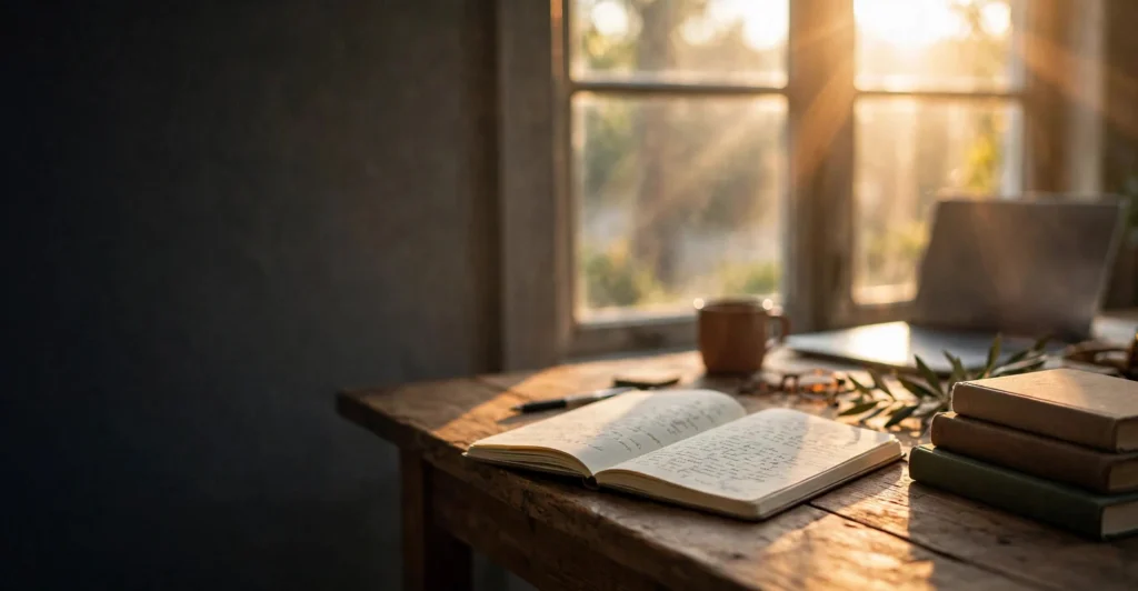 How to become a writer: a writer's desk at dawn with notebook and coffee