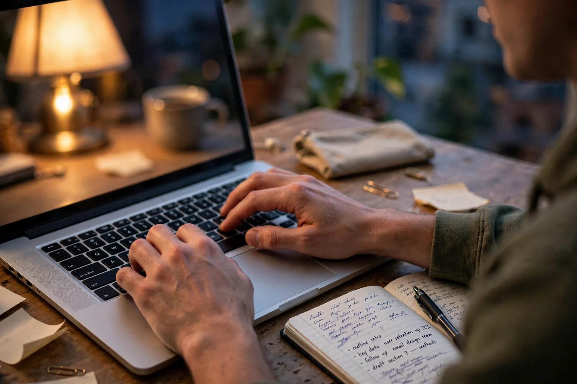 Writing a sharp AI prompt Hands typing on a laptop beside an open notebook with handwritten notes, in warm lamplight
