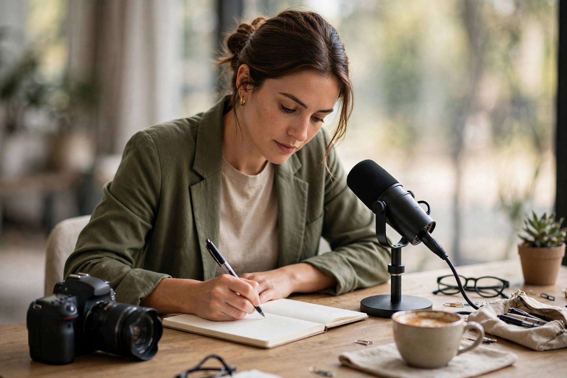 Writing the video script first, marketing content system Marketer writing a video script in a notebook at a desk with camera and microphone nearby