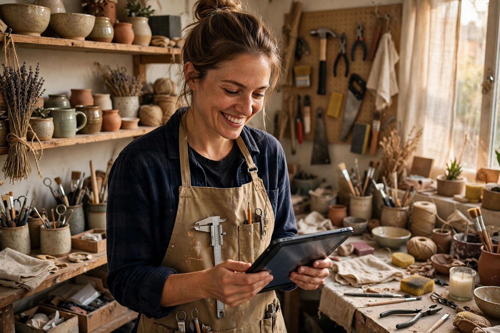 AI agents working for real small businesses in 2026 A small business owner in a real workshop smiling while looking at a tablet, showing how AI agents help real businesses in 2026