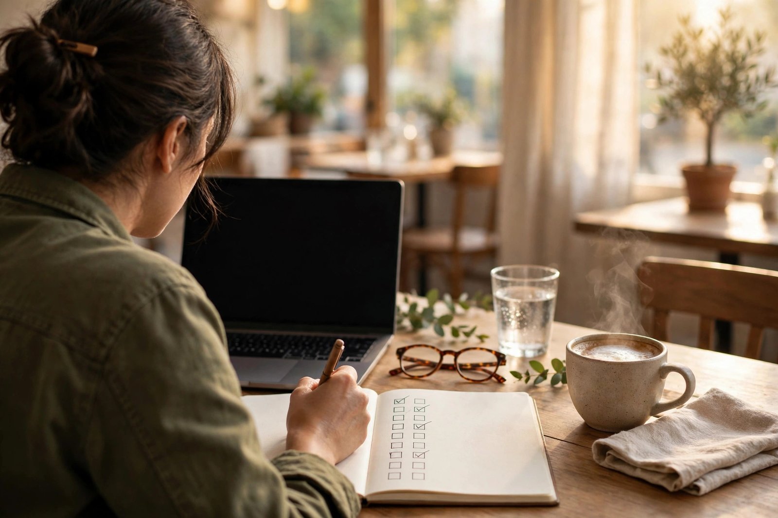 Small business owner reviewing AI agent output in a notebook during a morning review ritual