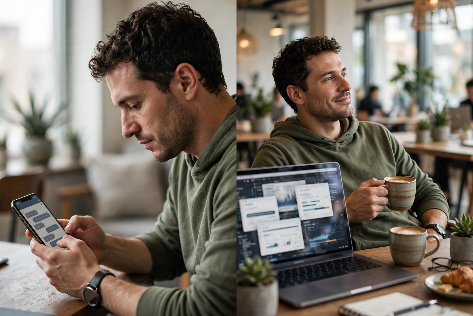 AI chatbot vs AI agent: the difference between answering and doing Side-by-side comparison: a person typing on a phone with a simple chat interface versus the same person relaxing while a laptop autonomously handles complex multi-step work
