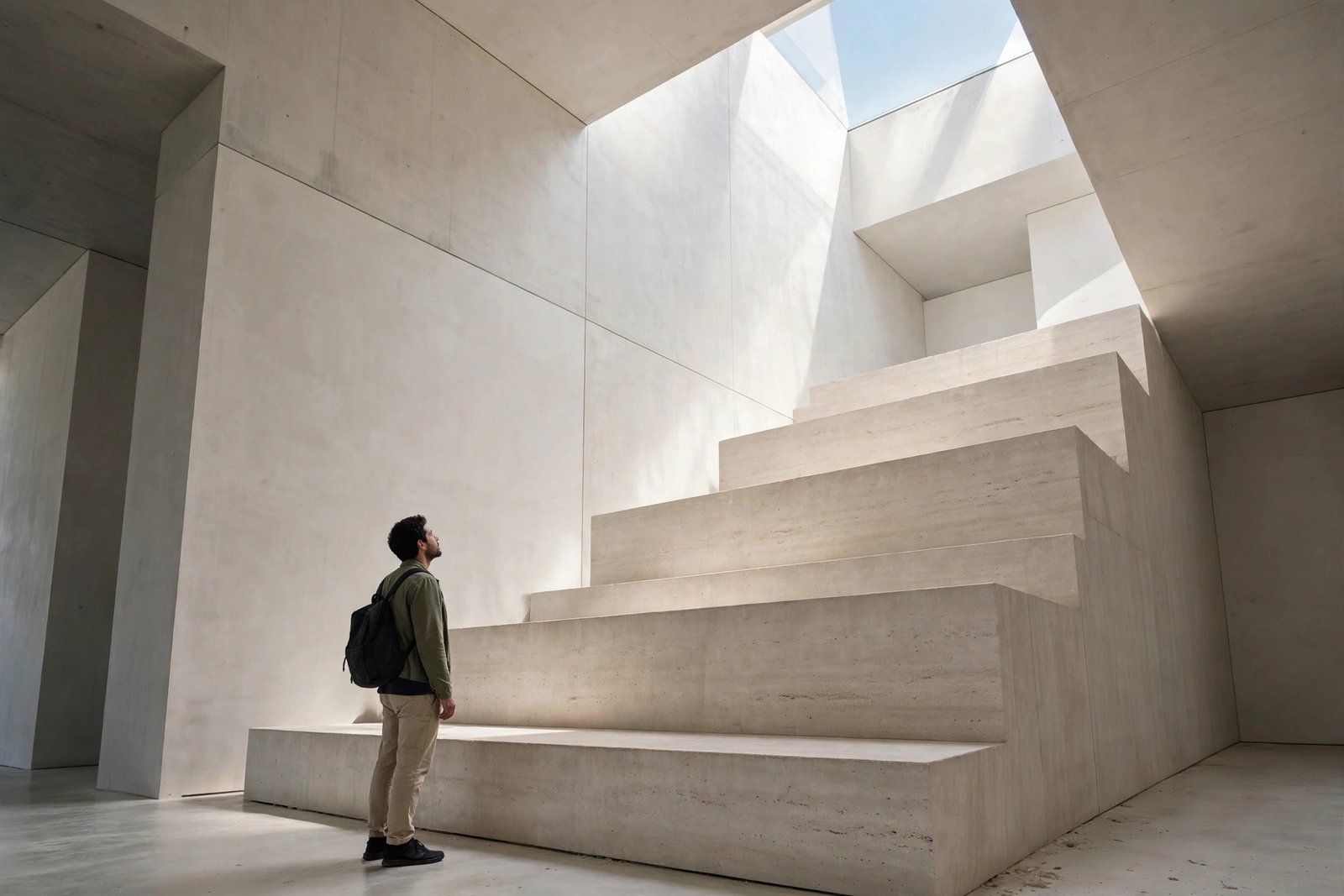 The three levels of AI: narrow AI, general AI, and superintelligence A human silhouette standing at the base of three ascending glowing steps labeled AI, AGI, and ASI, symbolizing the progression of artificial intelligence levels
