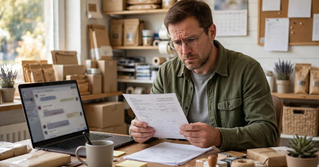 Small business owner checking a chatbot invoice at her packing desk