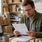 Small business owner checking a chatbot invoice at her packing desk