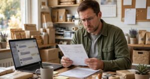 Small business owner checking a chatbot invoice at her packing desk