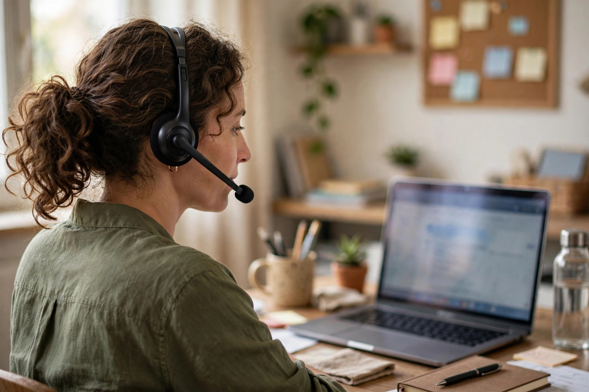 A support team member at a small office desk taking over a customer chat that the AI agent could not close
