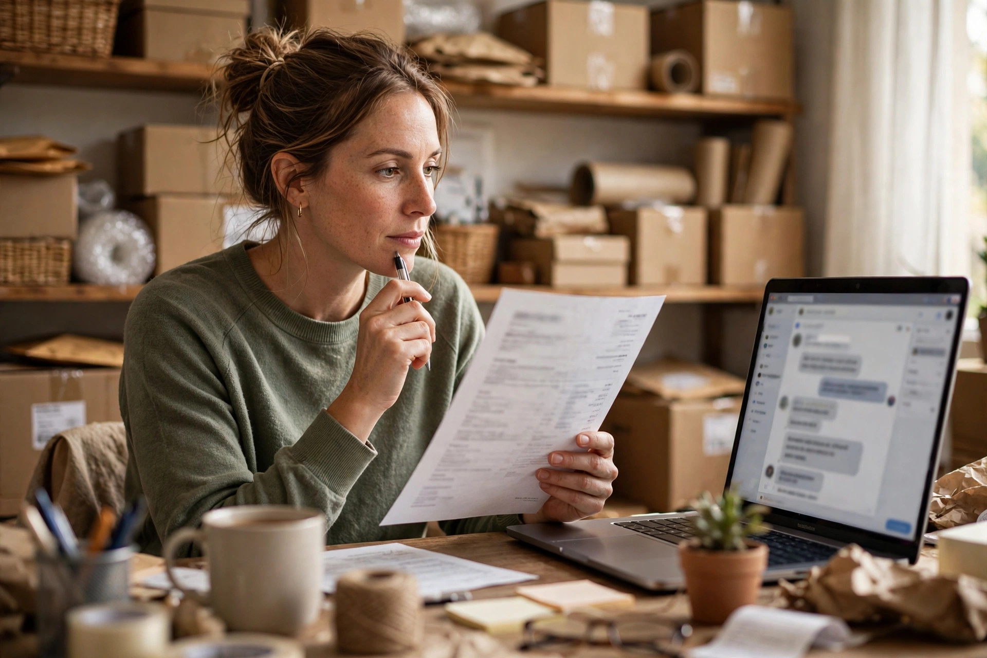 A small business owner at her desk comparing a chatbot invoice with the customer conversations open on her laptop