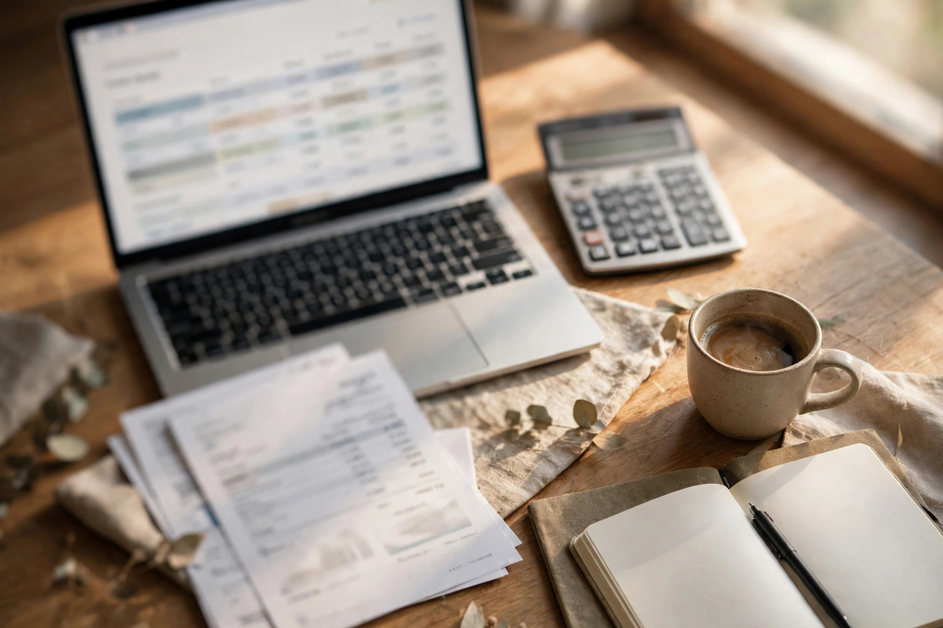The real monthly cost of AI tools for a small business Laptop showing subscription pricing beside a calculator, invoices and a blank notebook on a desk