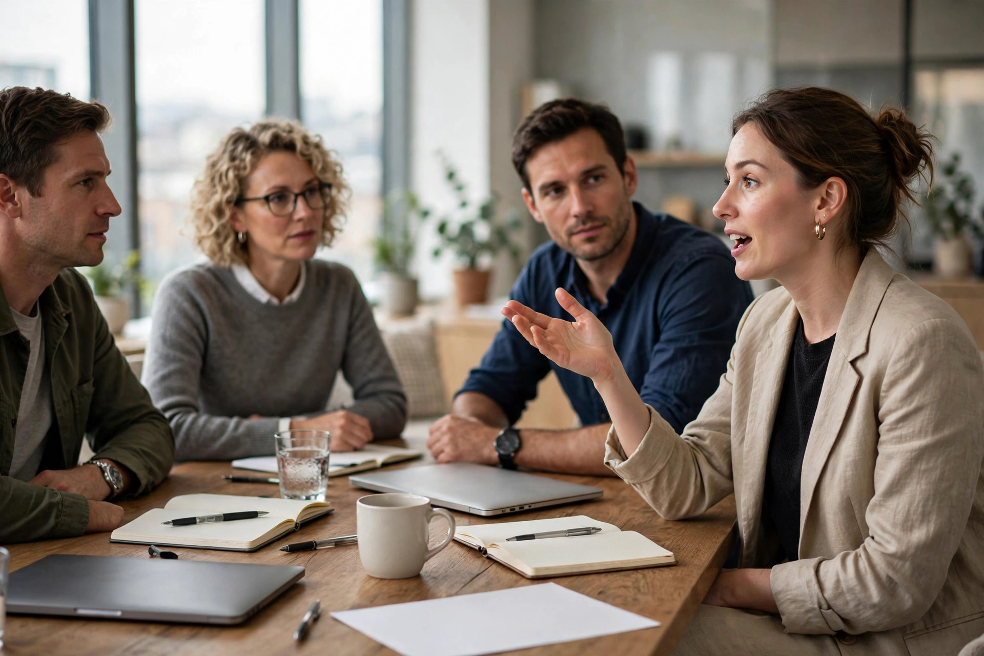 Illustrative AI budget math for a typical five-person small business Four professionals discussing AI tool costs around a table in a bright office
