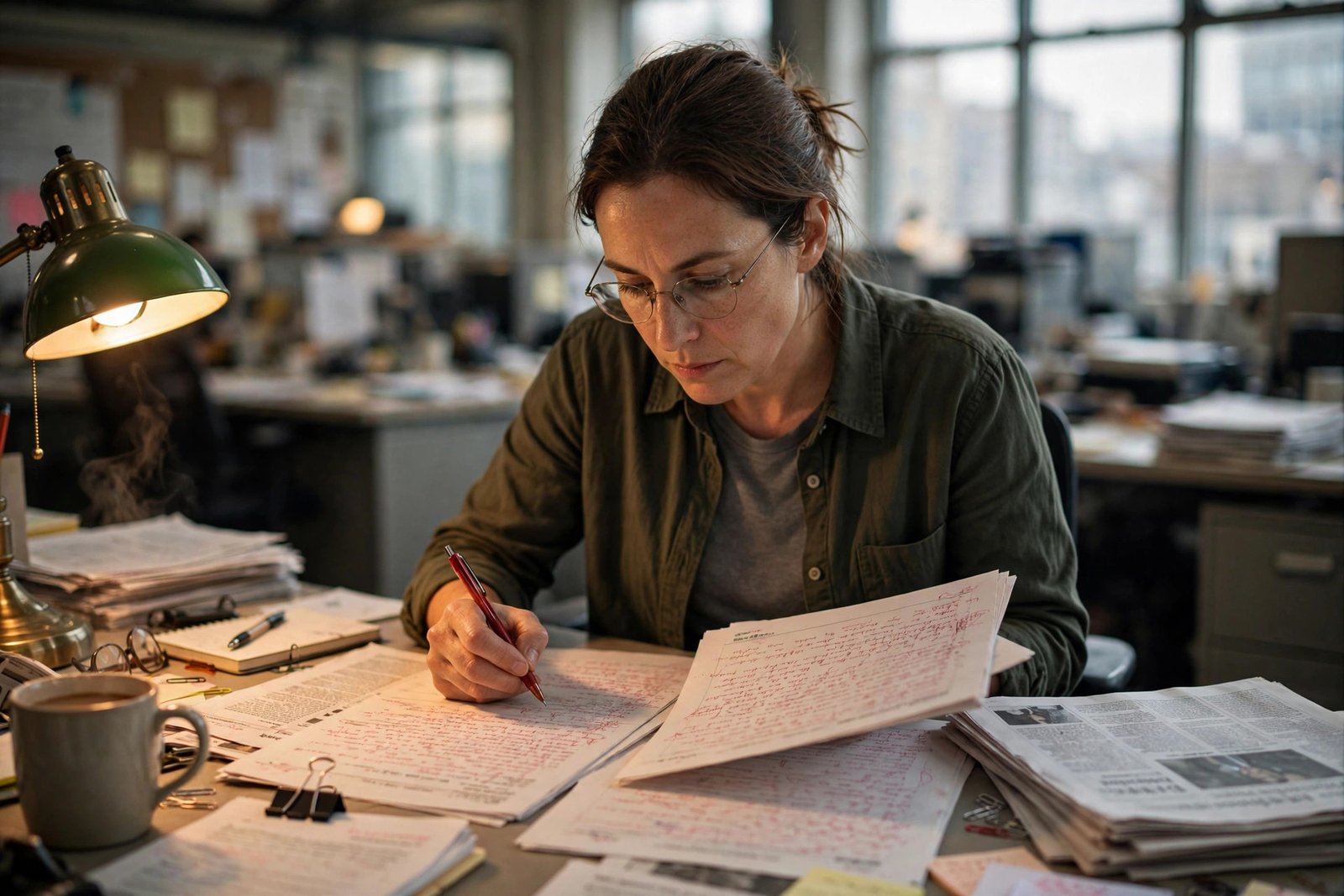 Journalist reviewing documents and notes at a desk, deciding what matters in a story