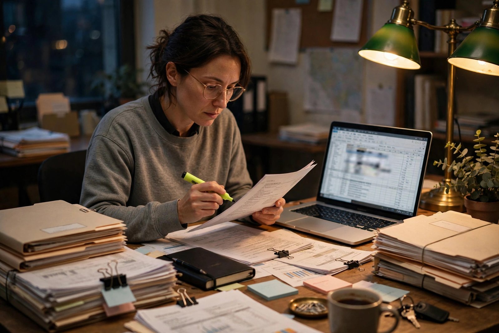 Investigative journalist analyzing documents with digital tools, reporter in the loop