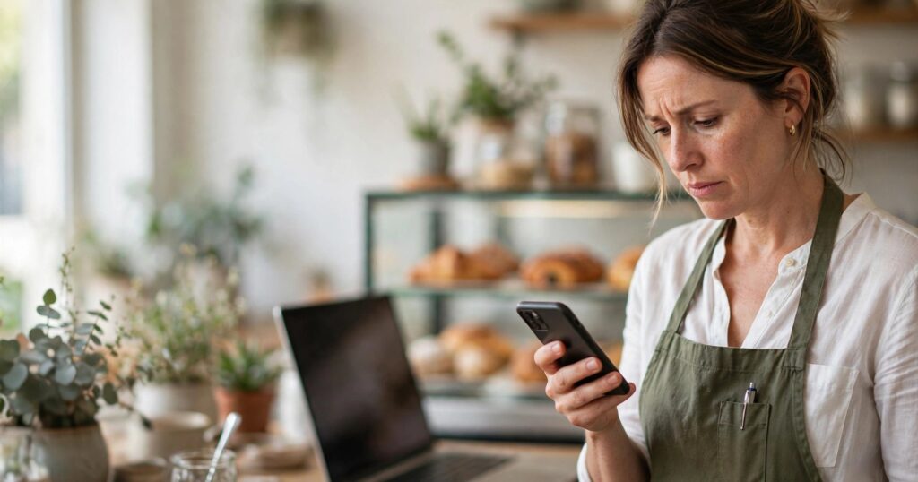 Café owner checking her phone while reading what AI search says about her business
