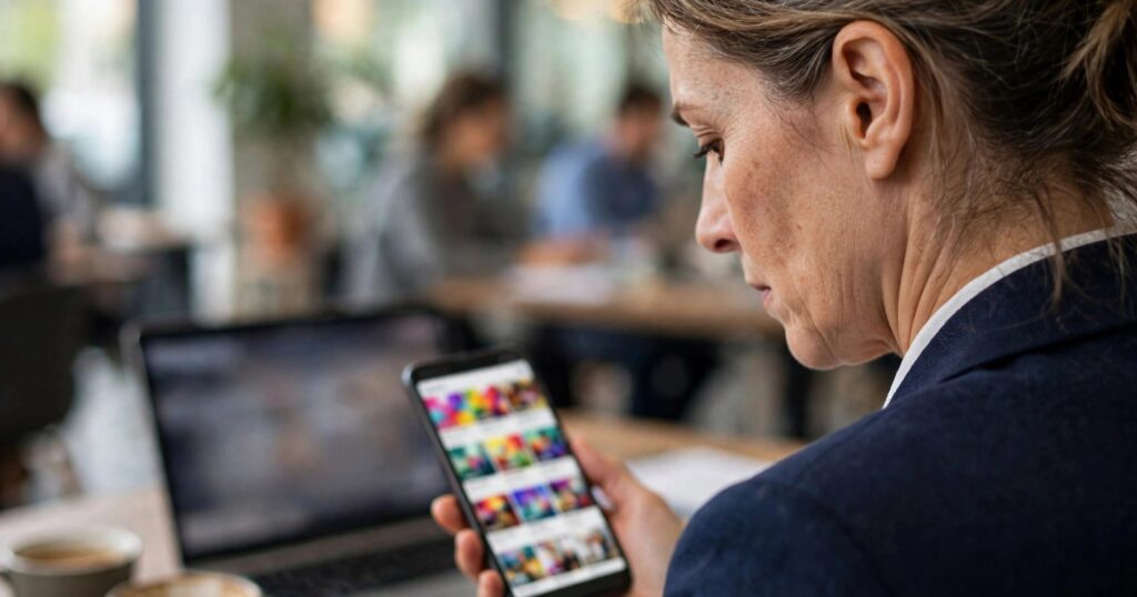 Brand manager reviewing low-quality AI-generated social media posts on her phone in an office, seen from behind
