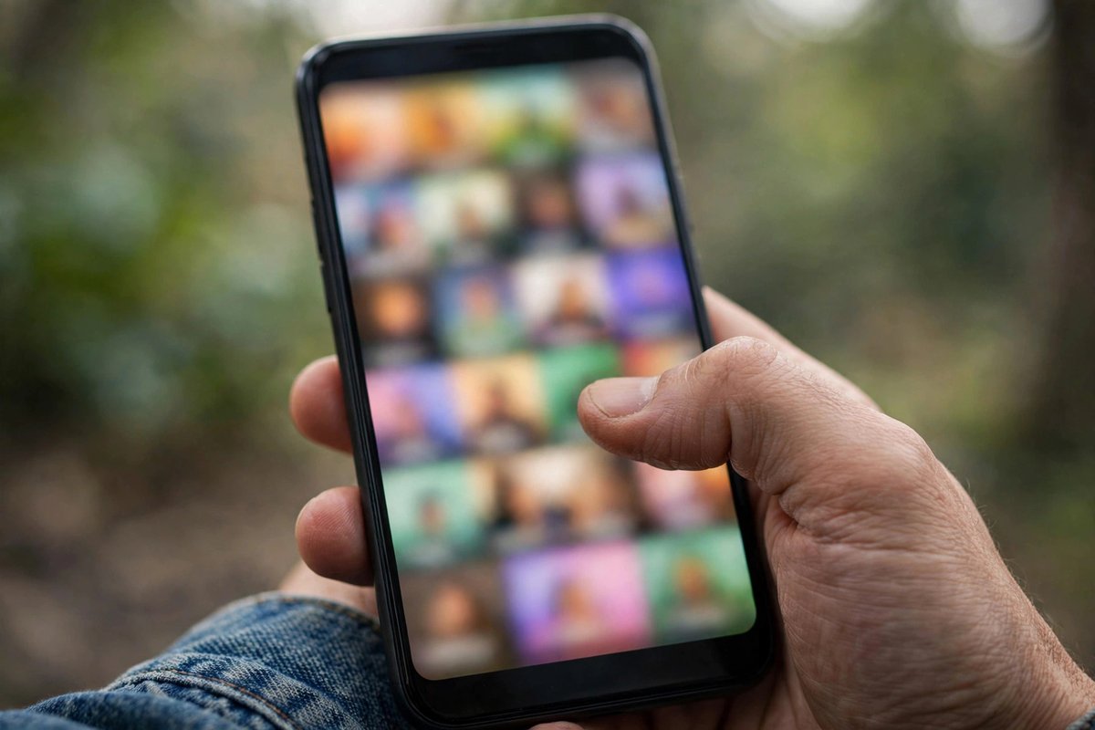 Close-up of a hand scrolling a smartphone feed full of blurred low-quality video thumbnails