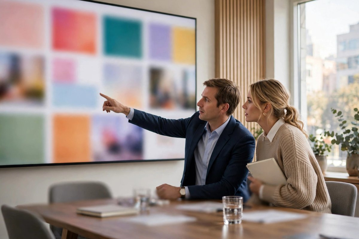 Two colleagues reviewing ad placements on a large wall screen in a meeting room