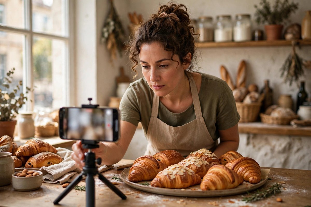 Small business owner carefully filming pastries with a smartphone on a tripod in a bright bakery